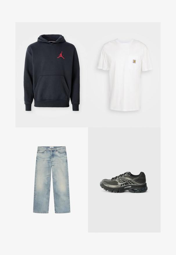 Marineblå hoodie lavet af blødt stof, med en kengurulomme og et rødt Jumpman-logo på brystet. Klassisk design med hætte og snoretræk.; Hvid bomulds T-shirt med korte ærmer, en brystlomme, og et lille firkantet logo patch i orange og hvid på lommen.; Lyseblå denim viddebukser med falmede sektioner, fem-lomme-design og knapgylp. Øverste label viser mærkenavnet.; Sort og grå Nike løbesko med mesh-overdel, polstret sål, synlig luftdæmpning og snørebånd på en almindelig hvid baggrund.