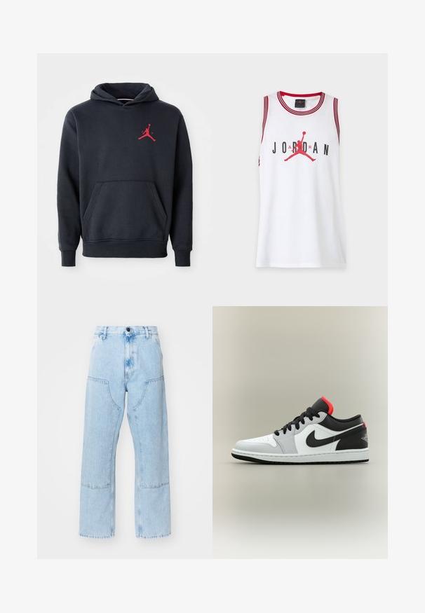 Marineblå hoodie lavet af blødt stof, med en kengurulomme og et rødt Jumpman-logo på brystet. Klassisk design med hætte og snoretræk.; Hvid ærmeløs basketballtrøje med rød kant, med sort "JORDAN" tekst og rød Jumpman-logo i midten.; Lyseblå, lige ben denim jeans med store forlommer og kontraststing. Stoffet har en lysnet, blød tekstur.; Lavskaftet atletiksneaker i hvid, grå og sort med røde accenter, sorte snørebånd og en sort swoosh-logo på siden.