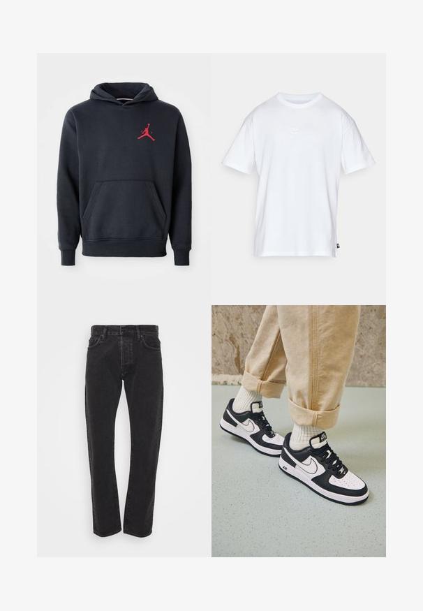 Hoodie bleu marine en tissu doux, doté d'une poche kangourou et d'un logo Jumpman rouge sur la poitrine. Design classique avec une capuche à cordelette.; T-shirt en coton blanc à manches courtes et col rond. Présente un petit logo Nike subtil sur la poitrine et une étiquette sur le côté.; Jean en denim noir pour homme, coupe droite avec bouton et fermeture éclair à l'avant, cinq poches et passants de ceinture sur fond blanc.; Baskets Nike Air Force 1 en noir et blanc avec un dessus en cuir, orteil perforé et détail de semelle texturée, portées avec un pantalon beige retroussé et des chaussettes blanches.