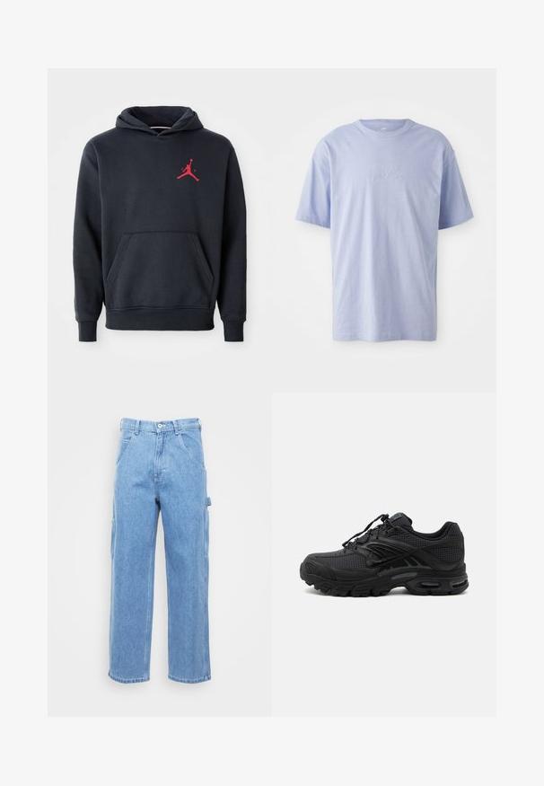 Marineblå hoodie lavet af blødt stof, med en kengurulomme og et rødt Jumpman-logo på brystet. Klassisk design med hætte og snoretræk.; Lysblå bomulds T-shirt med rund halsudskæring og korte ærmer. Har et præget "nike" logo i midten foran. Blød tekstur.; Lyseblå denim cargo bukser med lige ben, forlommer og sidelommer. Stofstrukturen er glat med en let falmet overflade.; Sort atletisk sneaker med tekstureret stof, tyk polstret sål, luftventiler og snørelukning, vist fra siden på en lys baggrund.