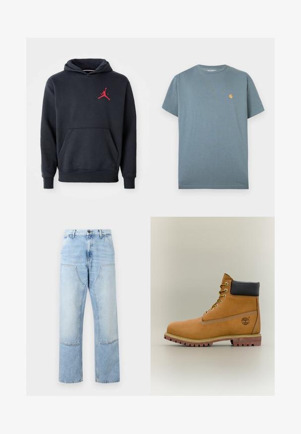 Hoodie bleu marine en tissu doux, doté d'une poche kangourou et d'un logo Jumpman rouge sur la poitrine. Design classique avec une capuche à cordelette.; T-shirt Carhartt bleu à manches courtes avec petit logo jaune sur la poitrine gauche, posé à plat sur fond blanc.; Jean en denim bleu clair à taille haute, avec grandes poches plaquées à l'avant, fermeture à boutons et jambes larges et droites.; Bottine en cuir marron avec col noir, lacets jaunes et semelle beige. Présente un logo et des détails de couture blanche. Semelle extérieure à traction robuste.