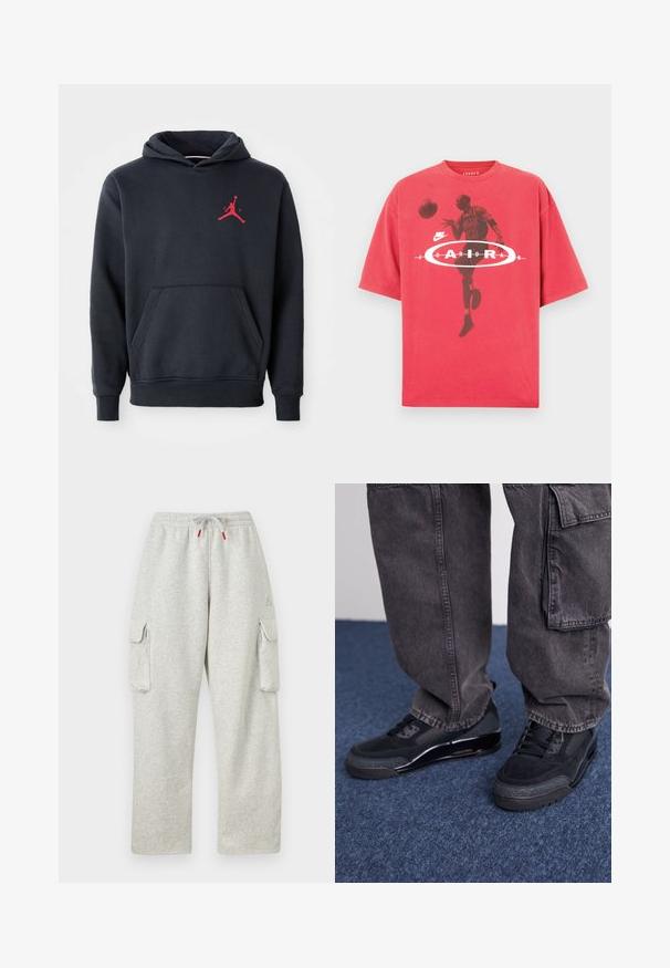 Marineblå hoodie lavet af blødt stof, med en kengurulomme og et rødt Jumpman-logo på brystet. Klassisk design med hætte og snoretræk.; Rød bomulds-t-shirt med rund hals, løs pasform og et grafisk tryk af en basketballspiller med teksten "Jordan" og Nike-logo.; Lysegrå joggingbukser med elastisk talje, snor med røde ender og store klaplommer på begge lår.; Sorte sportsko med en struktureret overflade, glatte detaljer og en kraftig sål, der er parret med mørke, løstsiddende cargo-bukser.