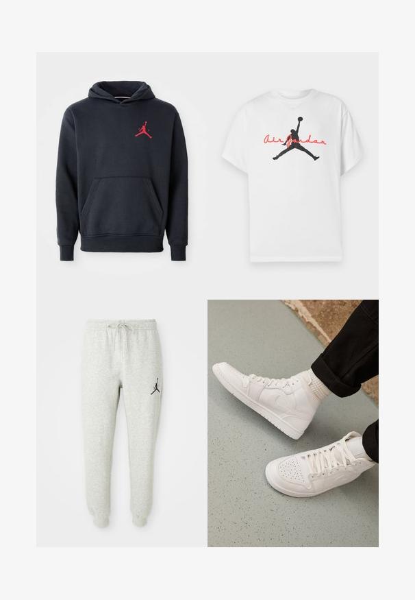 Marineblå hoodie lavet af blødt stof, med en kengurulomme og et rødt Jumpman-logo på brystet. Klassisk design med hætte og snoretræk.; Hvid bomulds-T-shirt med en sort silhuet af en basketballspiller og rød "Air Jordan"-tekst over brystet. Korte ærmer, klassisk pasform.; Grå svedbukser med elastisk talje og snøre, med et sort Jumpman-logo på venstre ben, lavet af blødt, tekstureret stof.; Hvide høj-top sneakers lavet af glat læder med perforeret tå, snørelukning og subtil logo detaljer på siden. Tekstureret gummisål.