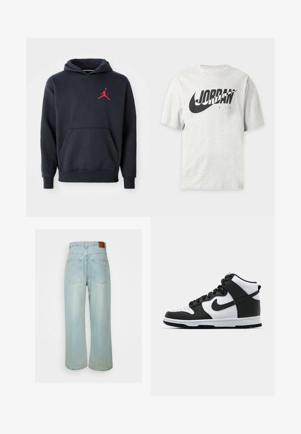 Marineblå hoodie lavet af blødt stof, med en kengurulomme og et rødt Jumpman-logo på brystet. Klassisk design med hætte og snoretræk.; Lysegrå kortærmet t-shirt med sort Nike swoosh og "JORDAN AIR" tekst på fronten.; Lysblå, vid jeans med høj talje, to baglommer og et læderlogo på taljen. Blød tekstur.; Sort og hvid høj-top sneakers med læderoverdel, perforeret tåboks, fremtrædende swoosh-logo og struktureret gummisål.