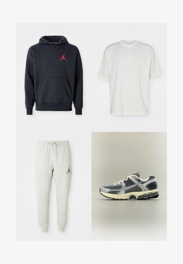 Hoodie bleu marine en tissu doux, doté d'une poche kangourou et d'un logo Jumpman rouge sur la poitrine. Design classique avec une capuche à cordelette.; T-shirt en coton blanc avec un col rond, des manches courtes et un petit logo brodé au centre. Design ajusté avec des coutures minimales.; Pantalons de survêtement gris avec taille élastique et cordon de serrage, ornés d'un logo Jumpman noir sur la jambe gauche, fabriqués en tissu doux et texturé.; Chaussure de running Nike grise et noire avec des lacets blancs et une semelle beige, vue de côté sur un fond neutre.