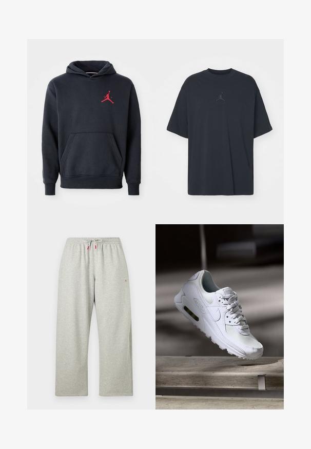 Marineblå hoodie lavet af blødt stof, med en kengurulomme og et rødt Jumpman-logo på brystet. Klassisk design med hætte og snoretræk.; Sort bomuld T-shirt med løs pasform, rund hals, korte ærmer, med et diskret logo og teksten "AIR" over logoet i centrum.; Lysegrå, løstsiddende joggingbukser med elastisk talje og hvid snøre med røde ender, med lille rødt logo på øverste del af låret.; Hvide Nike Air Max 90 sneakers med en overdel i mesh og læder, perforeret tåboks og en synlig luftenhed i hælen.