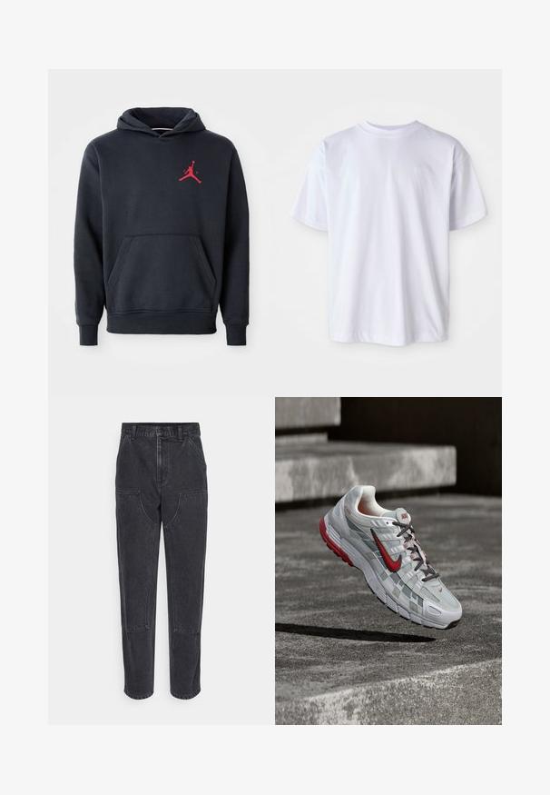 Marineblå hoodie lavet af blødt stof, med en kengurulomme og et rødt Jumpman-logo på brystet. Klassisk design med hætte og snoretræk.; Hvid bomulds T-shirt med rund hals og korte ærmer. Har et diskret logo broderet i matchende farve på venstre bryst.; Sorte denim jeans med høj talje, lige ben og store forlommer. Har kontrasterende syninger og ingen synlige logoer.; Hvid og grå Nike løbesko med røde accenter og sorte snørebånd, ophængt over grå beton-trin.