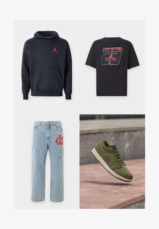 Marineblå hoodie lavet af blødt stof, med en kengurulomme og et rødt Jumpman-logo på brystet. Klassisk design med hætte og snoretræk.; Sort T-shirt med korte ærmer med rød og hvid grafik af nummer 23, en stjerne og en rød silhuet af en springende basketballspiller.; Lyseblå denim cargobukser med sidelommer og et rødt motiv på højre lår.; Sneaker i olivengrønt ruskind og læder med Nike-logo, midt i luften over stenovertækket og trin i en udendørs setting.