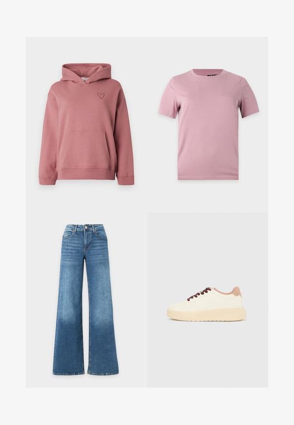 Sweat à capuche rose poudré avec poche avant et petit cœur brodé sur le côté gauche de la poitrine, avec des manches longues et une capuche.; T-shirt uni en coton rose pâle à manches courtes avec col rond, présenté sur un fond plat gris clair.; Jean bleu taille haute à jambes larges avec bouton à l'avant, fermeture éclair, poches avant et arrière, présenté sur un fond blanc.; Baskets basses beiges avec semelle épaisse, bout perforé, col de talon rose et lacets brun foncé sur un fond gris clair uni.