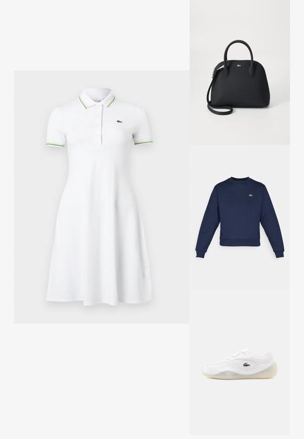 Sudadera azul marino hecha de una tela suave, con cuello redondo y puños acanalados. Pequeño logo verde de Lacoste en el pecho.; Vestido tipo polo blanco de manga corta con cuello y puños de manga a rayas verdes, tapeta con botones y pequeño logotipo de cocodrilo verde en el pecho.; Zapatilla blanca de corte bajo con laterales perforados, suela translúcida, cordones y un pequeño logo negro de cocodrilo en el lado exterior.; Bolso de mano negro hecho de un material texturizado, con dos asas superiores y una correa de hombro desmontable, con un acento de logo plateado.