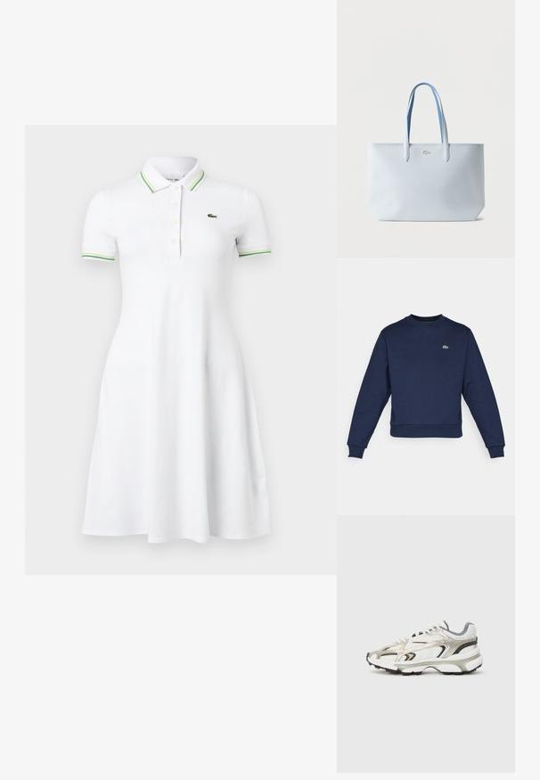 Sudadera azul marino hecha de una tela suave, con cuello redondo y puños acanalados. Pequeño logo verde de Lacoste en el pecho.; Vestido tipo polo blanco de manga corta con cuello y puños de manga a rayas verdes, tapeta con botones y pequeño logotipo de cocodrilo verde en el pecho.; Zapatilla chunky en blanco, gris y plateado metálico con paneles texturizados. Presenta una gruesa suela de goma negra y un diseño de superposición distintivo.; Bolso tote de textura azul claro con dos asas y un pequeño logo plateado de cocodrilo en el centro frontal sobre un fondo blanco.