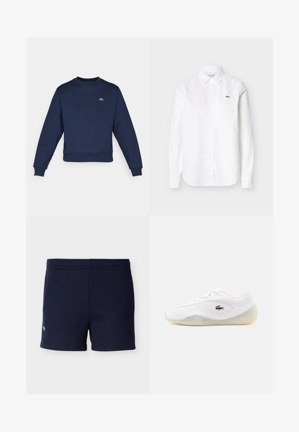 Navyblauwe sweatshirt van zachte stof, met een ronde hals en ribgebreide manchetten. Klein groen Lacoste-logo op de borst.; Wit overhemd met lange mouwen en knopen, voorzien van een kraag en een klein groen krokodillenlogo op de linkerborst.; Donkerblauwe katoenen shorts met elastische tailleband en een klein geborduurd logo vlak bij de onderste linkerzoom, weergegeven tegen een effen achtergrond.; Witte lage sneaker met geperforeerde zijkanten, een doorschijnende zool, veters en een klein zwart krokodillenlogo aan de buitenkant.