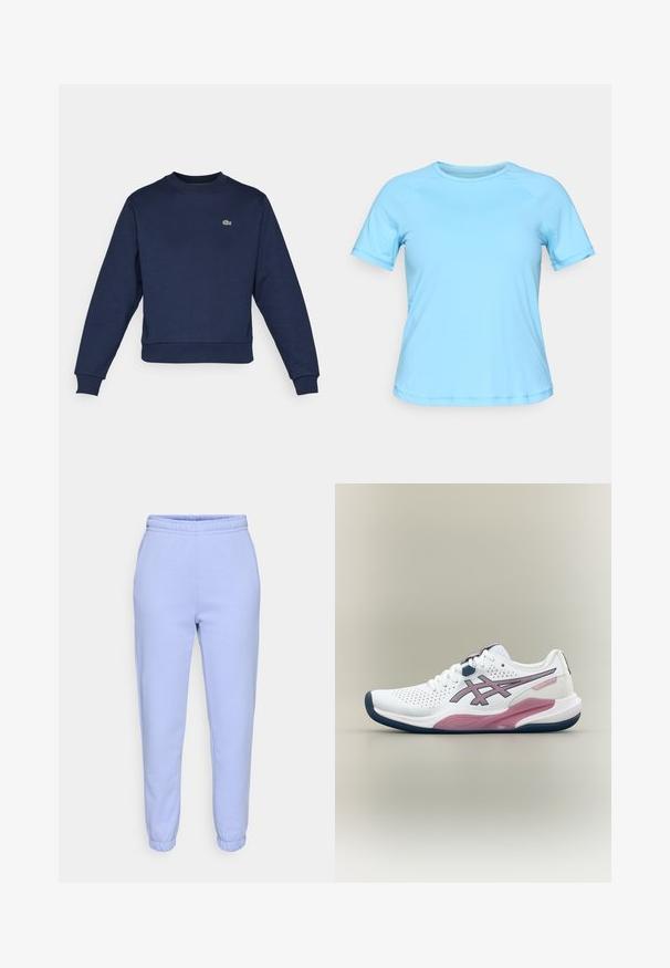 Dunkelblauer Hoodie aus weichem Stoff, mit Rundhalsausschnitt und gerippten Bündchen. Kleines grünes Lacoste-Logo auf der Brust.; Helles blaues T-Shirt mit kurzen Ärmeln aus glattem, dehnbaren Stoff, mit Rundhalsausschnitt und sichtbaren Nähten an den Ärmeln und am Saum.; Helle blaue Jogginghosen aus weichem Material, mit einem elastischen Bund und schmal zulaufenden Säumen. Keine sichtbaren Muster oder Hardware-Details.; Weißer und rosa sportlicher Laufschuh mit Mesh-Obermaterial, Schnürverschluss und dunkelblauer Sohle auf neutralem Hintergrund.