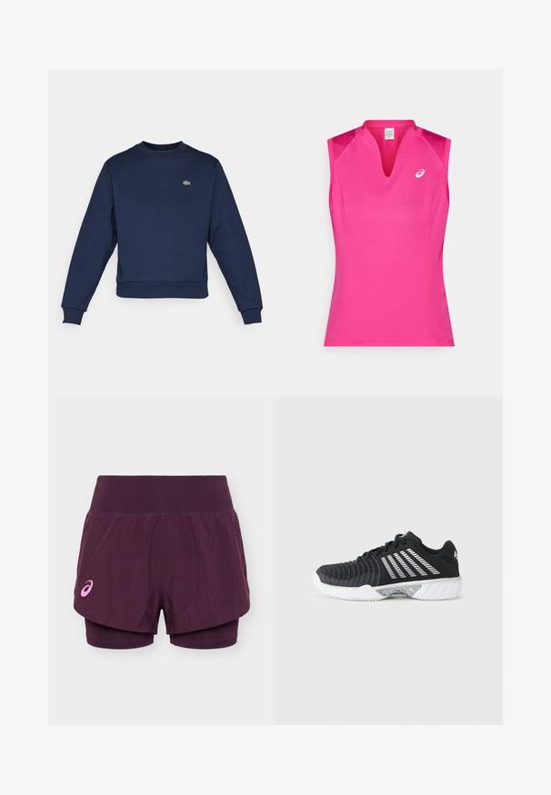Námornícky modrá mikina vyrobená z jemnej látky, s okrúhlym výstrihom a ribbovanými manžetami. Malé zelené logo Lacoste na hrudi.; Bezruký športový top v jasne ružovej farbe, s výstrihom do V. Vyrobený z hladkej, ľahkej látky s jemným leskom a logom ako dekoráciou.; Fialové dvojvrstvové bežecké šortky so širokým pásom a malým ružovým logom Asics na ľavej nohe.; Čierna športová obuv s bielou podrážkou, diagonálnymi bielymi pruhmi na boku, textúrovanou špičkou a zaväzovaním na šnúrky na sivom pozadí.