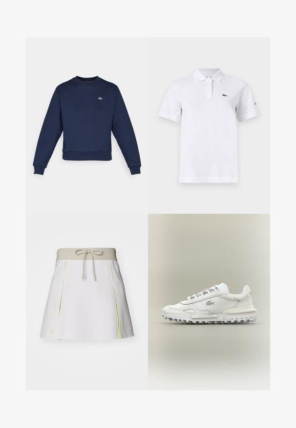 Marineblå sweatshirt lavet af blødt stof, med rund halsudskæring og ribbede manchetter. Lille grøn Lacoste-logo på brystet.; Hvid polo-shirt med korte ærmer med to knapper, en lille grøn krokodille-logo på venstre bryst og et diskret sort logo på venstre ærme.; Hvid skort med en beige elastisk talje og snøre. Har neongule sidelogoer og plisseringer. Lacoste-logoet er placeret nederst til venstre.; Hvid lavtop sneaker med tekstureret sål, snøredesign og lille logo på siden mod en ens neutral baggrund.