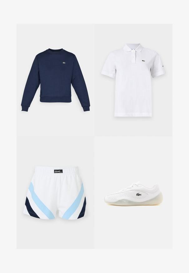 Sudadera azul marino hecha de una tela suave, con cuello redondo y puños acanalados. Pequeño logo verde de Lacoste en el pecho.; Camiseta polo blanca de manga corta con dos botones, un pequeño logotipo verde de cocodrilo en el pecho izquierdo y un sutil logotipo negro en la manga izquierda.; Pantalones cortos deportivos blancos con cintura elástica, que presentan franjas diagonales en azul claro y azul marino, y una parche con el logo de Lacoste en negro en el centro trasero.; Zapatilla blanca de corte bajo con laterales perforados, suela translúcida, cordones y un pequeño logo negro de cocodrilo en el lado exterior.