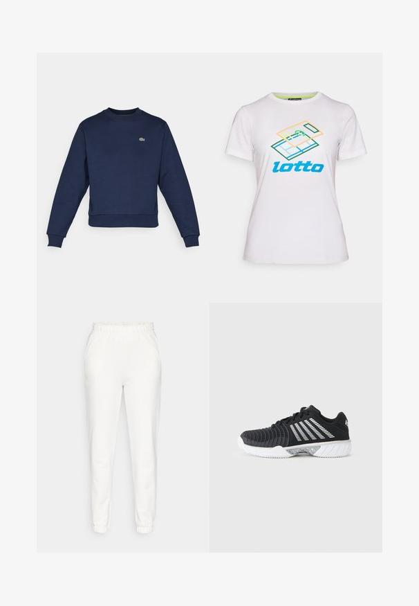 Námornícky modrá mikina vyrobená z jemnej látky, s okrúhlym výstrihom a ribbovanými manžetami. Malé zelené logo Lacoste na hrudi.; Biela krátky rukáv tričko vyrobené z bavlny, s farebnou geometrickou grafikou a modrým logom "lotto" na prednej strane.; Biele zúžené tepláky s elastickým pásom a manžetami, s bočnými vreckami, vystavené na jednoduchom pozadí.; Čierna športová obuv s bielou podrážkou, diagonálnymi bielymi pruhmi na boku, textúrovanou špičkou a zaväzovaním na šnúrky na sivom pozadí.
