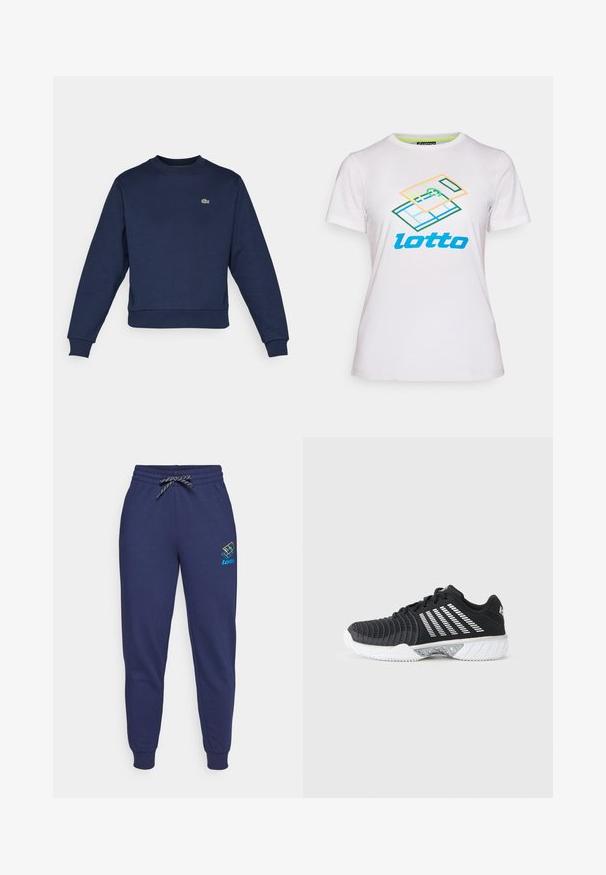 Marineblå sweatshirt lavet af blødt stof, med rund halsudskæring og ribbede manchetter. Lille grøn Lacoste-logo på brystet.; Hvid kortærmet t-shirt lavet af bomuld, med et farverigt geometrisk grafisk design og "lotto" logo i blåt på forsiden.; Mørkeblå sweatpants med snor i taljen og ankelsyninger. Har et Lotto-logo i livlige farver på venstre lår. Lavet af blødt stof.; Sort atletiksko med hvid sål, diagonale hvide striber på siden, struktureret tåhætte og snørelukning på en grå baggrund.