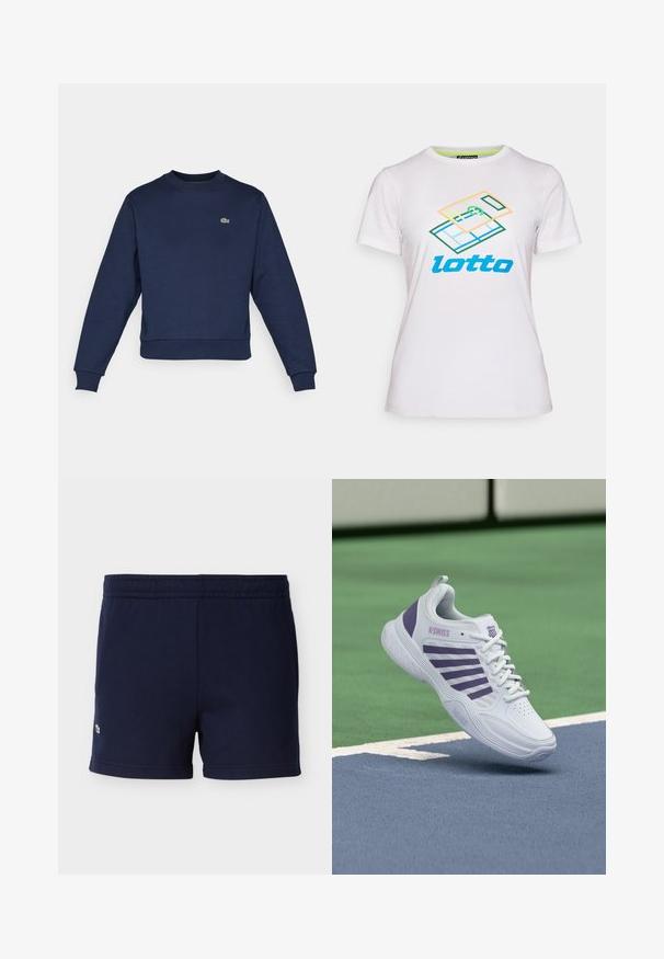 Sudadera azul marino hecha de una tela suave, con cuello redondo y puños acanalados. Pequeño logo verde de Lacoste en el pecho.; Camiseta blanca de algodón de manga corta, con un gráfico geométrico colorido y el logo "lotto" en azul en la parte frontal.; Pantalones cortos de algodón azul marino con cinturilla elástica y pequeño logotipo bordado cerca del dobladillo inferior izquierdo, mostrados sobre un fondo liso.; Zapatilla de tenis K-Swiss blanca y morada suspendida sobre una superficie de cancha de tenis azul y verde con líneas de delimitación blancas.