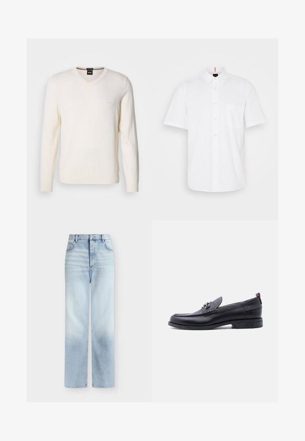 Pull en V couleur blanc cassé, confectionné en maille douce. Il présente des manches longues et un subtil logo brodé sur le côté gauche de la poitrine.; Chemise blanche à manches courtes, boutonnée, fabriquée en coton, avec une poche poitrine unique, un col classic et des détails de couture discrets.; Jeans bleu clair taille haute à jambes droites, avec poches avant, passants de ceinture et fermeture par bouton.; Mocassin en cuir noir avec empeigne texturée grise, détail boucle en métal argenté, petit talon et languette à l'arrière.
