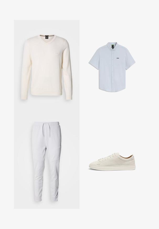 V-hals sweater i off-white, lavet af blødt strikstof. Har lange ærmer og diskret logo-broderi på venstre bryst.; Lyseblå kortærmet skjorte med krave og knapper, med en lille sort "BOSS"-logo på venstre bryst.; Hvide joggingbukser lavet af blødt stof, med en elastisk talje med snoretræk, to sidelommer og ribbede mansjetter ved anklerne.; Beige sneakers i lavt snit i ruskind med matchende snørebånd, flad sål og diskret præget "BOSS"-logo på siden, vist i profil.