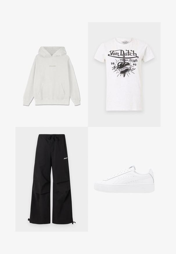 Hvid bomulds-hættetrøje med en frontlomme, ribbede manchetter og "PEGADOR" logo i lys beige tværs over brystet.; Hvid T-shirt med korte ærmer med sort Von Dutch-logo, et hjerte, der er gennemboret af en dolk, banneret "California", numrene "29" og "92" samt en grafik af et bevinget øje.; Sorte bukser med vide ben, elastisk talje, snøre ved benafslutningerne og hvidt logo på øvre lår.; Hvide platform sneakers med overdel i læder, rund tå og snørelukning. Har sidelufthuller og diskret branding på hælen.