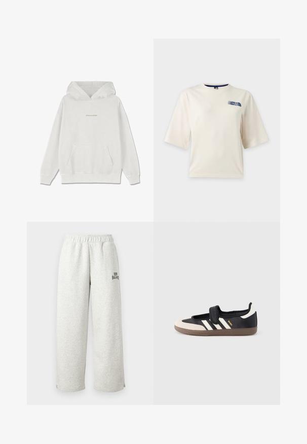 Witte katoenen hoodie met een voorzak, geribde manchetten en het "PEGADOR" logo in lichtbeige op de borst.; Wit T-shirt met korte mouwen met een klein blauw The North Face-logo op de bovenste linkerborst.; Lichtgrijze sweatpants gemaakt van zacht materiaal, voorzien van een elastische tailleband en een klein zwart "New Balance"-logo aan de zijkant.; Zwart-beige sneaker met een klittenbandsluiting, drie witte strepen aan de zijkant en een getextureerde bruine rubberen zool. Merkembleem zichtbaar.