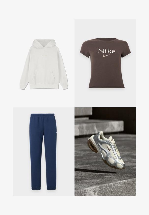 Weißer Baumwoll-Hoodie mit einer Fronttasche, gerippten Bündchen und dem "PEGADOR"-Logo in Hellbeige über der Brust.; Brauner kurzärmeliger Cropped-Top mit "Nike"-Schriftzug und einem zentral auf der Brust platzierten Leopardenmuster-Nike-Swoosh-Logo.; Marineblaue Jogginghose mit elastischem Bund und Bündchen, mit kleinem weißem Swoosh-Logo am oberen linken Oberschenkel.; Cremefarbener und metallisch silberner Sportschuh schwebt über Betontreppen, ausgestattet mit braunen Gummisohlen und Nike-Logo.