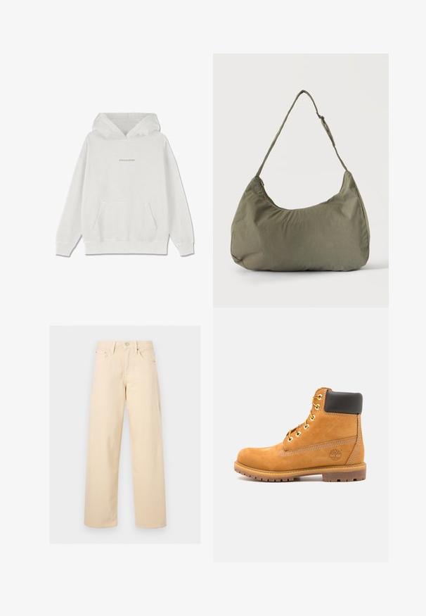 Weißer Baumwoll-Hoodie mit einer Fronttasche, gerippten Bündchen und dem "PEGADOR"-Logo in Hellbeige über der Brust.; Beige gerade geschnittene Hose mit vorderem Knopf und Reißverschluss, Gürtelschlaufen und Fünf-Taschen-Design auf einem einfarbigen hellen Hintergrund.; Braune Leder-Stiefelette mit schwarzer Polsterung, goldenen Ösen und einer strukturierten Sohle. Hat ein kreisförmiges Logo an der Seite und Nähakzente.; Olivgrüne weiche Stoff-Schultertasche mit Reißverschluss und verstellbarem Tragegurt vor einfarbig hellem Hintergrund.