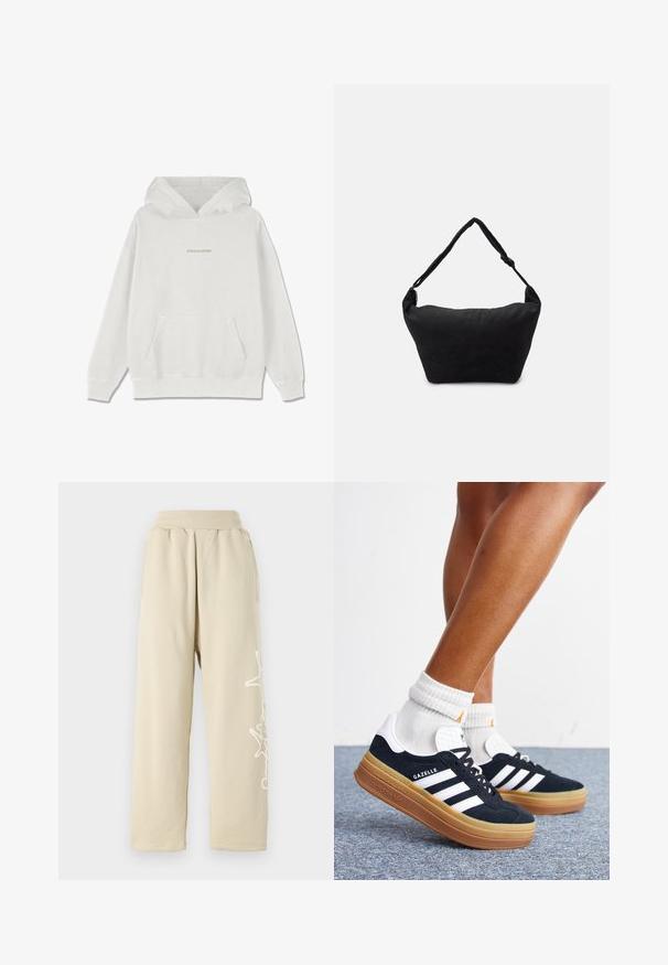Sudadera blanca de algodón con un bolsillo frontal, puños acanalados y el logo "PEGADOR" en beige claro en el pecho.; Pantalones de chándal beige, de corte relajado, con una cintura elástica, bolsillos laterales y un detalle gráfico blanco a lo largo de la pierna izquierda. Material de algodón suave.; Piernas con calcetines blancos y zapatillas Adidas Gazelle negras con rayas blancas y suelas marrones gruesas sobre un suelo alfombrado gris.; Bolso de hombro de tela negro con una superficie suave y texturizada, forma redondeada y una sola correa. Diseño minimalista sin hardware ni acentos visibles.