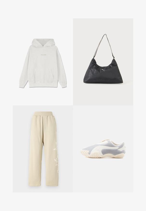 Witte katoenen hoodie met een voorzak, geribde manchetten en het "PEGADOR" logo in lichtbeige op de borst.; Beige, relaxed-fit joggingbroek met een elastische tailleband, zijzakken en een witte grafische print langs het linkerdeel van het been. Zachte katoenmateriaal.; Sportschoen in lichtgrijs suede met witte leren accenten. Heeft een gestructureerde zool met kleine spikes voor grip. Instapontwerp.; Zwarte driehoekige schoudertas met dunne band, subtiel monogrampatroon en klein zilverkleurig Puma-logo in het midden.