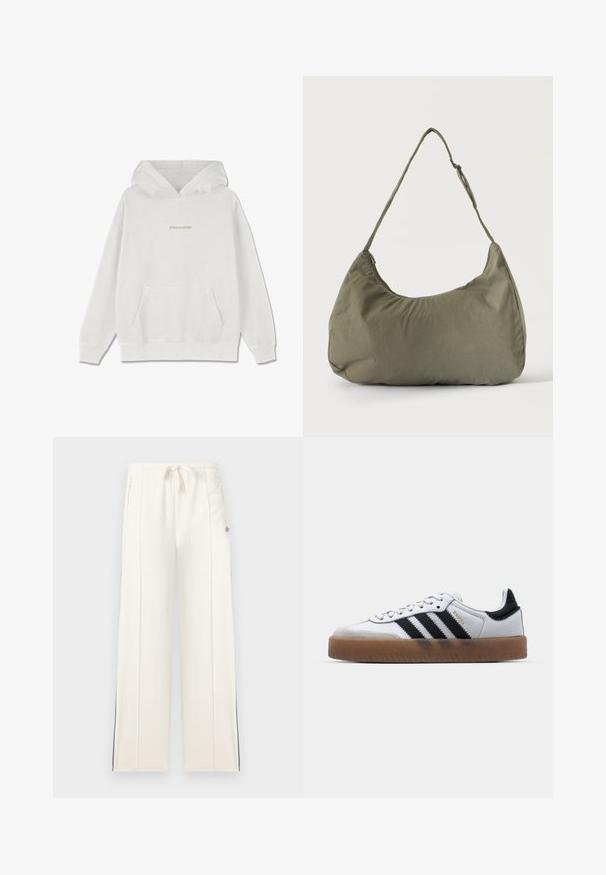 Hvid bomulds-hættetrøje med en frontlomme, ribbede manchetter og "PEGADOR" logo i lys beige tværs over brystet.; Hvide sweatpants med brede ben, elastisk snøre i taljen, sidelommer, lodrette sømdetaljer og diskrete sorte striber langs ydersiden af benene.; Hvide lædersneakers med sorte striber, gummirubber sål, rund tå, snørelukning og blød grå ruskinds tåhætte.; Skuldertaske i blødt olivengrønt stof med lynlås og justerbar rem på ensfarvet, lyst baggrund.