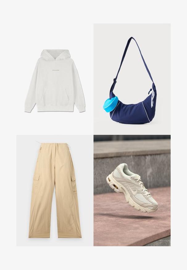 Hvid bomulds-hættetrøje med en frontlomme, ribbede manchetter og "PEGADOR" logo i lys beige tværs over brystet.; Beige cargo bukser med relaxed fit, der har en snor i taljen, to sidelommer og et glat, let materiale.; Lysebeige atletiksko med mesh-overdel, rundet tå og struktureret mellemsål. Har polstret krave og snørebånd med et diskret logo.; Navyblå skuldertaske med lang rem, hvide pipingdetaljer, en lille lyseblå pung fastgjort og hvid blonderdekoration på siden.