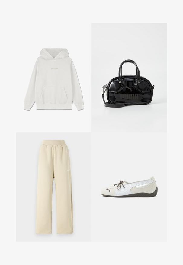 Weißer Baumwoll-Hoodie mit einer Fronttasche, gerippten Bündchen und dem "PEGADOR"-Logo in Hellbeige über der Brust.; Beige weit geschnittene Sweatpants aus weichem Stoff, mit einem elastischen Bund, seitlichen Taschen und einem kleinen bestickten Logodetail.; Weißer und grauer Slip-On-Sneaker mit braunen Schnürsenkeln, Puma-Logo vorne und strukturierter dunkler Sohle, seitlich auf weißem Hintergrund gezeigt.; Schwarze Lacklederhandtasche mit doppelten Griffen oben, abnehmbarem Schulterriemen, runder Form und hervorgehobenem geprägten "PUMA"-Logo.