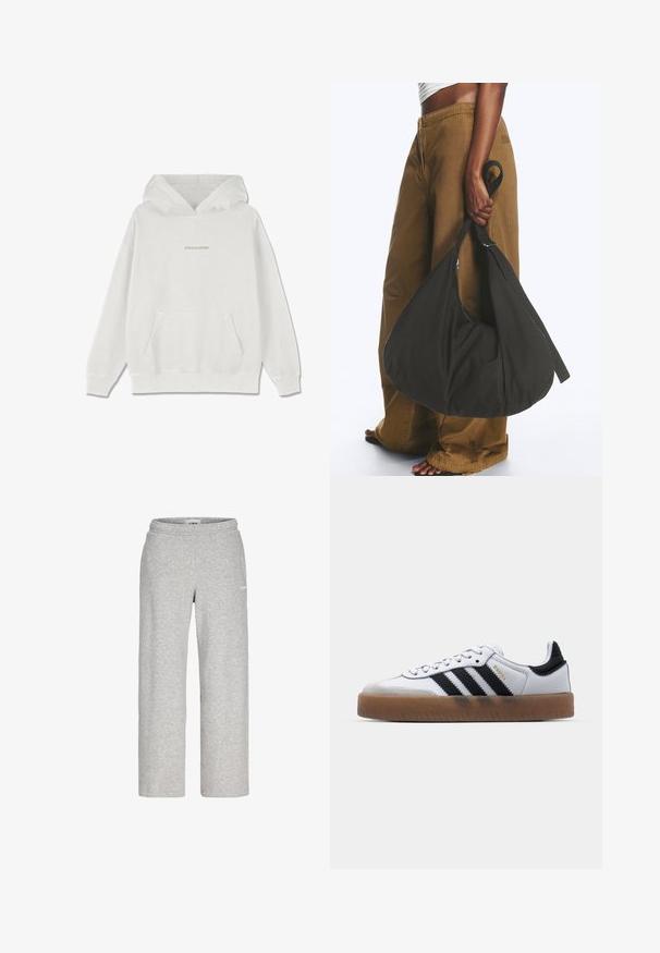 Weißer Baumwoll-Hoodie mit einer Fronttasche, gerippten Bündchen und dem "PEGADOR"-Logo in Hellbeige über der Brust.; Hellgraue Sweatpants mit geradem Bein, elastischem Bund und kleinem weißen Logo am oberen Oberschenkel.; Weiße Leder Sneakers mit schwarzen Streifen, Gummigummi-Außensohle, runder Zehenform, Schnürverschluss und weichem grauem Wildleder-Zehenkappe.; Person trägt braune weite Hose und weißes Oberteil und hält eine große schwarze weiche Handtasche an der Seite am Trageriemen.