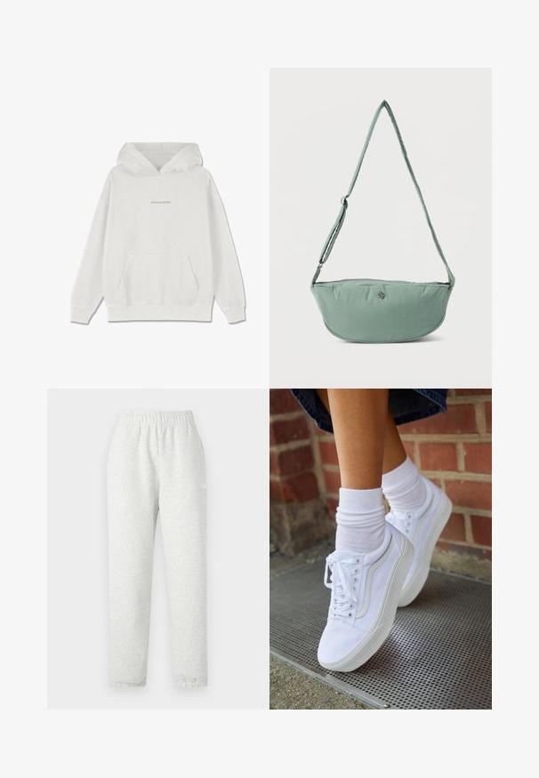 Witte katoenen hoodie met een voorzak, geribde manchetten en het "PEGADOR" logo in lichtbeige op de borst.; Lichtgrijze sweatpants met een elastische tailleband, taps toelopende pijpen en ribgebreide manchetten. Gemaakt van een zachte, gestructureerde stof. Witte logodetail aan de zijkant.; Witte canvas sneakers met rubberen zolen, voorzien van zes vetertjes, een ronde neus en lichte stikdetails, gecombineerd met witte enkelsokken.; Lichtgroene stoffen crossbodytas met verstelbare riem en klein metalen logo aan de voorkant, getoond tegen een effen witte achtergrond.