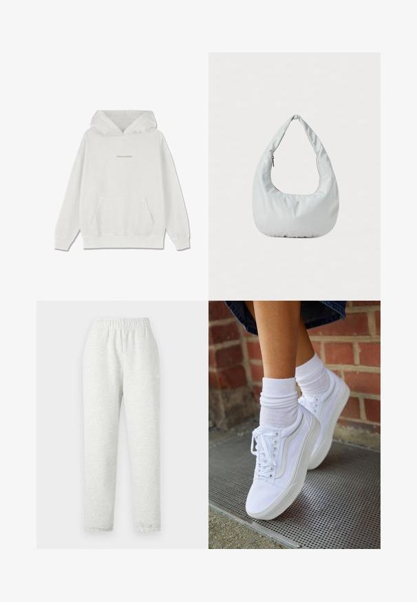 Weißer Baumwoll-Hoodie mit einer Fronttasche, gerippten Bündchen und dem "PEGADOR"-Logo in Hellbeige über der Brust.; Helle graue Jogginghose mit elastischem Bund, schmal zulaufenden Beinen und gerippten Bündchen. Hergestellt aus einem weichen, strukturierten Stoff. Weißes Logo-Detail an der Seite.; Weiße Leinensneaker mit Gummisohlen, ausgestattet mit sechs Ösen, runder Zehenpartie und dezenten Nähten, kombiniert mit weißen Knöchelsocken.; Weiche, hellgraue Hobo-Tasche aus synthetischem Material. Verfügt über einen gepolsterten Tragegriff und ein seitliches Reißverschlussfach.