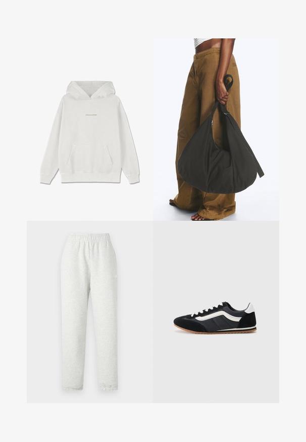 Witte katoenen hoodie met een voorzak, geribde manchetten en het "PEGADOR" logo in lichtbeige op de borst.; Lichtgrijze sweatpants met een elastische tailleband, taps toelopende pijpen en ribgebreide manchetten. Gemaakt van een zachte, gestructureerde stof. Witte logodetail aan de zijkant.; Zwarte sportieve schoen met een bovenkant van suède en textiel, witte accenten, zes veterogen en een rubberen zool. Slanke vorm met een lage profiel.; Persoon met bruine wijde broek en wit topje houdt een grote zwarte zachte handtas aan het hengsel bij hun zijde vast.
