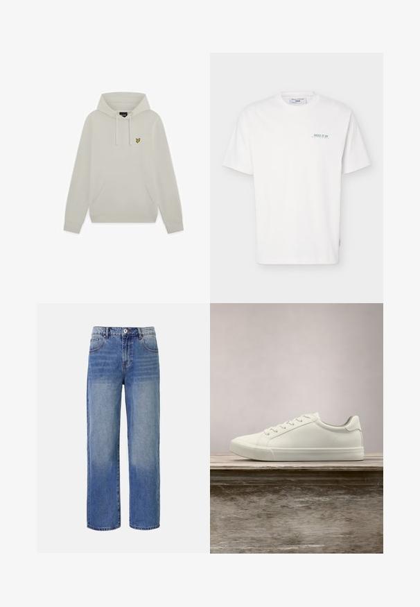 Lysebeige hættetrøje med forlommelomme og lille gul fuglelogo på venstre bryst.; Hvid T-shirt med korte ærmer og rund hals, med lille grøn tekst "JUICE IT UP Marc O'Polo Denim" på venstre bryst.; Lys blå denim bred benjeans med et falme mønster, fem lommer og lynlås i gylpen. Har en knap og bæltestropper i taljen.; Hvide snørresneakers svævende over en træbænk med grønne planter i baggrunden, der fremhæver skodesign og tekstur.