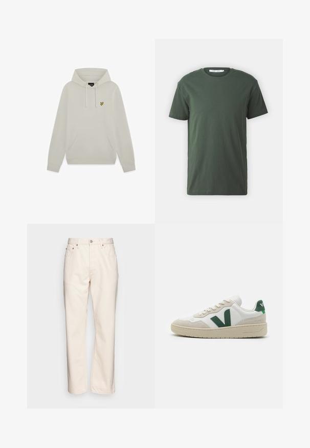 Lysebeige hættetrøje med forlommelomme og lille gul fuglelogo på venstre bryst.; Mørkegrøn bomulds T-shirt, korte ærmer, rund hals, afslappet pasform, ensfarvet design og glat tekstur uden synlige mønstre eller detaljer.; Cremfarvet denim jeans med lige ben. Har fem lommer, frontlukning med knap og kontrasterende syninger.; Hvide sneakers med grønne ruskindsdetaljer, flade snørebånd, tekstureret tåboks og beige gummisål. Har et fremtrædende "V" logo på siden.