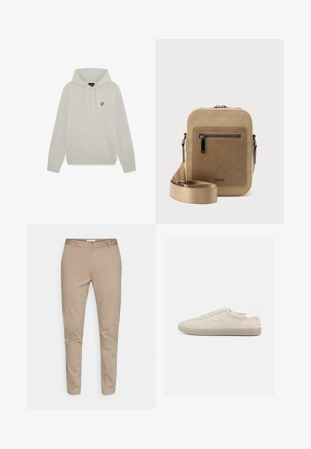 Hellbeiges Kapuzensweatshirt mit Fronttasche und kleinem gelbem Vogel-Logo auf der linken Brust.; Beige Baumwoll-Chinos mit geradem Bein, ausgestattet mit einem Knopfverschluss, Gürtelschlaufen und seitlichen Taschen. Glatte Textur ohne Muster.; Beiger Wildleder-Sneaker mit strukturiertem Obermaterial, glattem weißen Fersenbereich, dünnen Schnürsenkeln und Gummisohle. Verfügt über ein flaches Design.; Kleine beige Umhängetasche mit vorderer Reißverschlusstasche, metallischem ALDO-Logo, verstellbarem breitem Riemen und abgerundeter rechteckiger Form vor weißem Hintergrund.