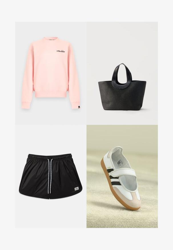 Sweat-shirt rose clair à col rond avec manches longues, poignets et ourlet côtelés, et petit logo noir « ellesse » sur la poitrine gauche et le poignet.; Short de bain léger noir avec ceinture élastique, cordons blancs, poches latérales et une petite étiquette logo rectangulaire sur l'ourlet.; Chaussure blanche avec un embout en daim rose, des rayures noires et une sangle Velcro. Dispose d'une semelle en caoutchouc brun et d'un logo sur le côté.; Sac cabas noir texturé avec de larges poignées arrondies présentant le nom de la marque embossé "Samsøe Samsøe" sur fond neutre.