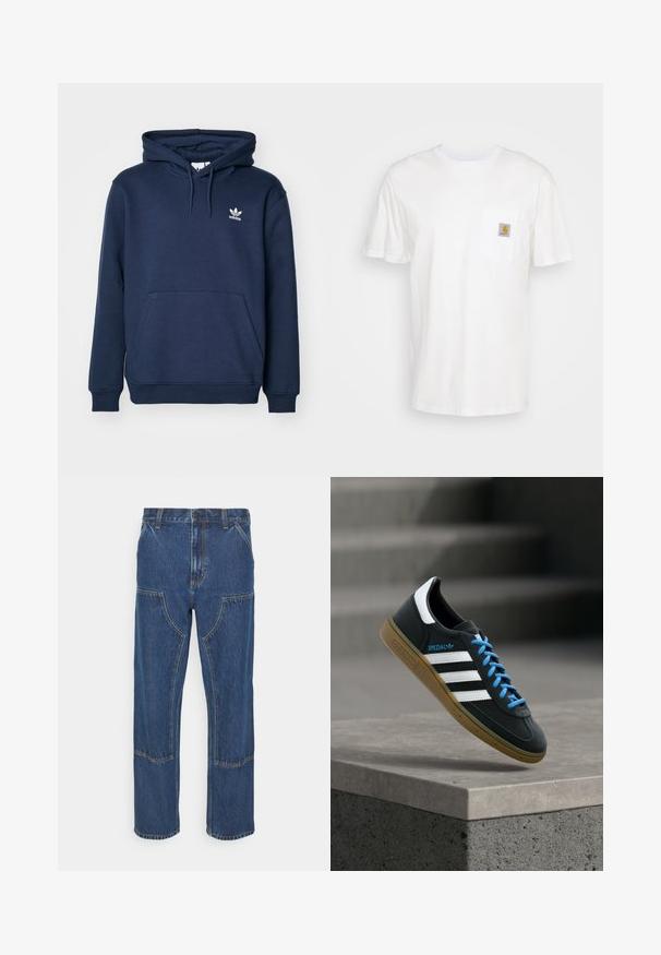 Navyblauer Hoodie aus weichem Material mit einer Kängurutasche, Kapuze mit Kordelzug und einem kleinen weißen Adidas-Logo auf der Brust.; Weißes Baumwoll-T-Shirt mit kurzen Ärmeln, einer Brusttasche und einem kleinen quadratischen Logopatch in Orange und Weiß auf der Tasche.; Blaue Denim-Jeans mit geradem Bein, vorderen aufgesetzten Taschen und kontrastierenden Nähten. Der Stoff hat eine klassische Textur und Ausführung.; Schwarzer Adidas-Sneaker mit weißen Streifen, blauen Schnürsenkeln und Gummisohle, der über einer grauen Betontreppe im weichen Licht schwebt.