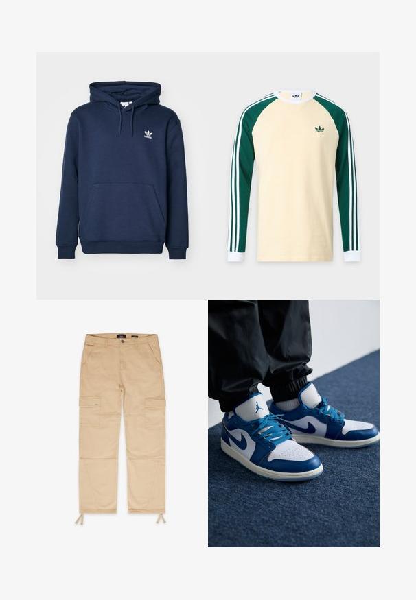Námornícky modrá mikina s kapucňou vyrobená z mäkkého materiálu, ktorá má klokanie vrecko, kapucňu so šnúrkou a malé biele logo Adidas na hrudi.; Béžová košeľa s dlhým rukávom s tmavozelenými raglánovými rukávmi, bielymi manžetami, bielymi pruhmi na rukávoch a malým zeleným logom Adidas na hrudi.; Béžové cargo nohavice s dvoma prednými vreckami a dvoma bočnými vreckami. Majú elastické šnúrky na členkoch a vystužené švy.; Nike Air Jordan tenisky majú bielu koženú základňu s modrými syntetickými akcentmi, perforovanou špičkou a modrými šnúrkami.