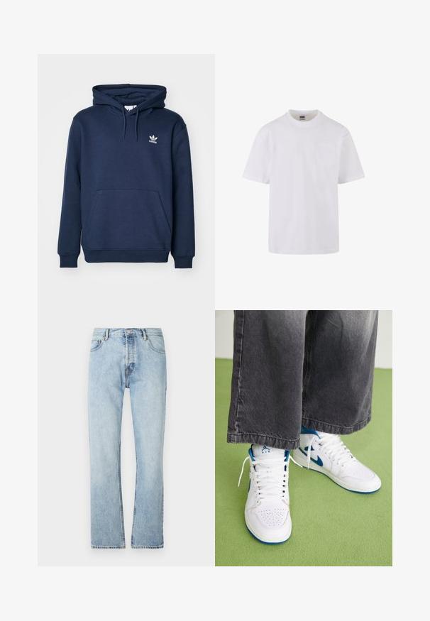 Tumed sinine kapuutsiga sviiter, mis on valmistatud pehmest materjalist, sisaldab känguru taskut, päikesevarjuga kapuutsi ja väikest valget Adidas logo rinnal.; Valge lühikese varrukaga T-särk, mis on valmistatud puuvillast. T-särgil on ümmargune kaelus ja vasakul rinnal üks tasku.; Heledsinine sirge jala teksapüksid, mis on valmistatud denimist, klassikalise viie tasku disainiga ja nööpiga sulgemisega vööl.; Valged kõrge varvaga spordijalatsid siniste aktsentidega, perforatsioonideks oleva varvaste piirkonnaga ja valgete nööpidega. Kantud vabade hallide denimipükstega rohelisel pinnal.