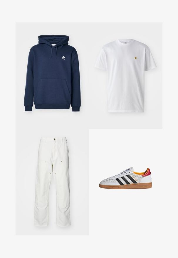 Sudadera de color azul marino fabricada en material suave, con un bolsillo tipo canguro, capucha con cordón y un pequeño logo blanco de Adidas en el pecho.; Camiseta de algodón blanca con mangas cortas, cuello redondo, que presenta un pequeño logo dorado en la parte izquierda del pecho. Textura suave y corte regular.; Pantalones cargo de algodón blancos con un corte relajado. Las características incluyen bolsillos frontales, detalles en dorado y secciones de rodilla reforzadas.; Zapatilla Adidas Spezial blanca con rayas negras, suela de goma, patrón acolchado, lengüeta roja en el talón y forro interior amarillo, vista lateral.