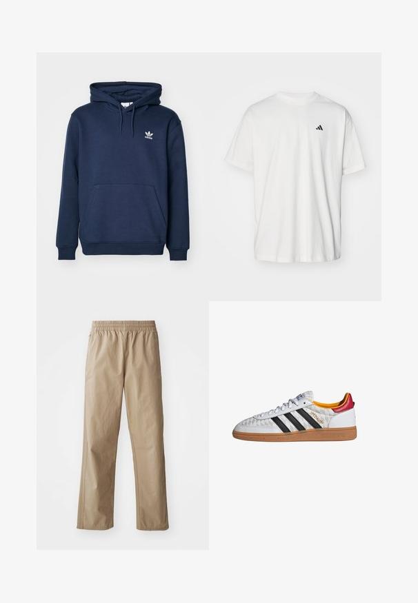 Navyblauer Hoodie aus weichem Material mit einer Kängurutasche, Kapuze mit Kordelzug und einem kleinen weißen Adidas-Logo auf der Brust.; Weißes Baumwoll-T-Shirt mit kurzen Ärmeln, Rundhalsausschnitt und kleinem schwarzem Adidas-Logo auf der linken Brust. Weicher Stoff, lässige Passform.; Beige, leichte Hose mit elastischem Bund, geraden Beinen und Seitentaschen. Glatte Textur mit dezenten Steppnähten.; Weißer Adidas Spezial Sneaker mit schwarzen Streifen, Gummisohle, gestepptem Muster, rotem Fersenlaschen und gelber Innenausstattung, Seitenansicht.
