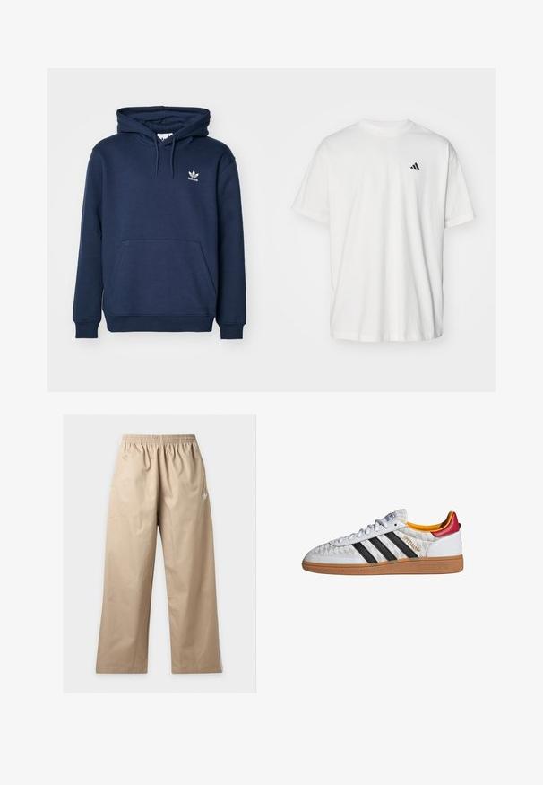 Navyblauer Hoodie aus weichem Material mit einer Kängurutasche, Kapuze mit Kordelzug und einem kleinen weißen Adidas-Logo auf der Brust.; Weißes Baumwoll-T-Shirt mit kurzen Ärmeln, Rundhalsausschnitt und kleinem schwarzem Adidas-Logo auf der linken Brust. Weicher Stoff, lässige Passform.; Beige Hosen mit weitem Bein und elastischem Bund, mit kleinem weißem Adidas-Logo am oberen linken Oberschenkel, vor einfachem Hintergrund gezeigt.; Weißer Adidas Spezial Sneaker mit schwarzen Streifen, Gummisohle, gestepptem Muster, rotem Fersenlaschen und gelber Innenausstattung, Seitenansicht.