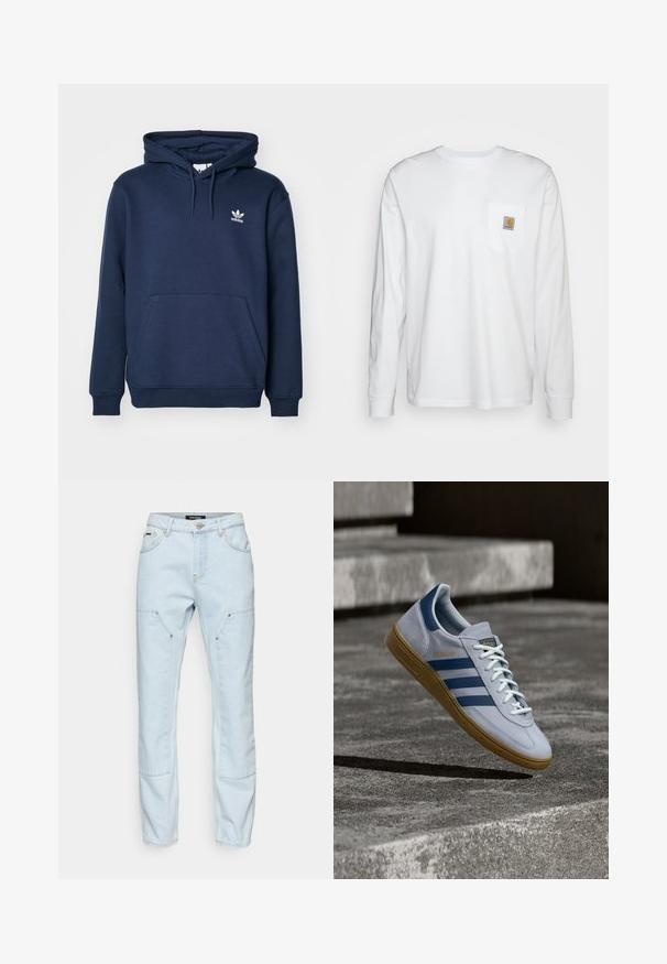 Tumed sinine kapuutsiga sviiter, mis on valmistatud pehmest materjalist, sisaldab känguru taskut, päikesevarjuga kapuutsi ja väikest valget Adidas logo rinnal.; Piklike valge puuvillane särk pikkade varrukatega, millel on rinnanupuga ruudukujuline logodeklee. Lihtne disain ümarate kaelaaukude ja mansettidega varrukate ning.; Pegador VINTO CARPENTER - Tisleri teksad - washed cold blue; Helehall Adidas Spezial toss tumedasiniste triipude ja kummipõhjaga, kujutatud õhus betooniastmete kohal neutraalses välistingimustes.