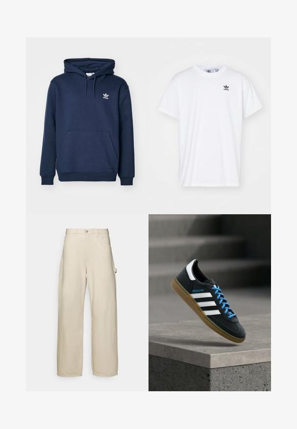Sudadera de color azul marino fabricada en material suave, con un bolsillo tipo canguro, capucha con cordón y un pequeño logo blanco de Adidas en el pecho.; Camiseta blanca de algodón con mangas cortas, escote redondo y un logo negro de Adidas con tres franjas en la zona del lado izquierdo del pecho.; Pantalones de pierna ancha en color beige, confeccionados en una mezcla de algodón. Cuentan con un cierre de botón, ojal para cinturón y bolsillos laterales. Textura suave.; Zapatilla negra Adidas con franjas blancas, cordones azules y suela de goma flotando sobre un escalón de hormigón gris con luz suave.